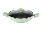 Ein mintgrüner Wok mit Glasdeckel und marmorierter Beschichtung.