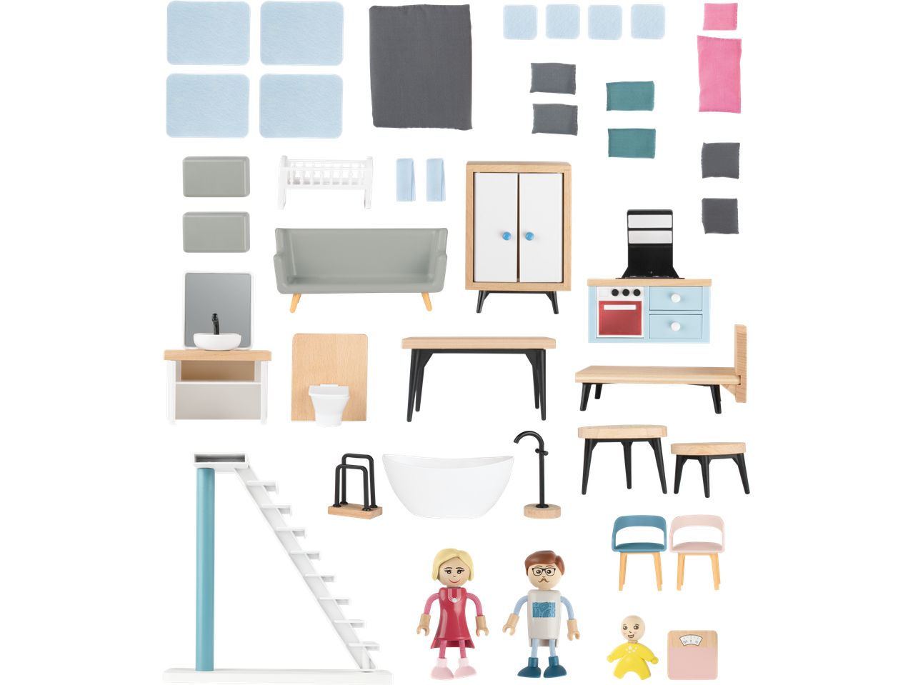 Playtive Doll House furniture set with figures, including a sofa, bed, kitchen, and bathroom items.