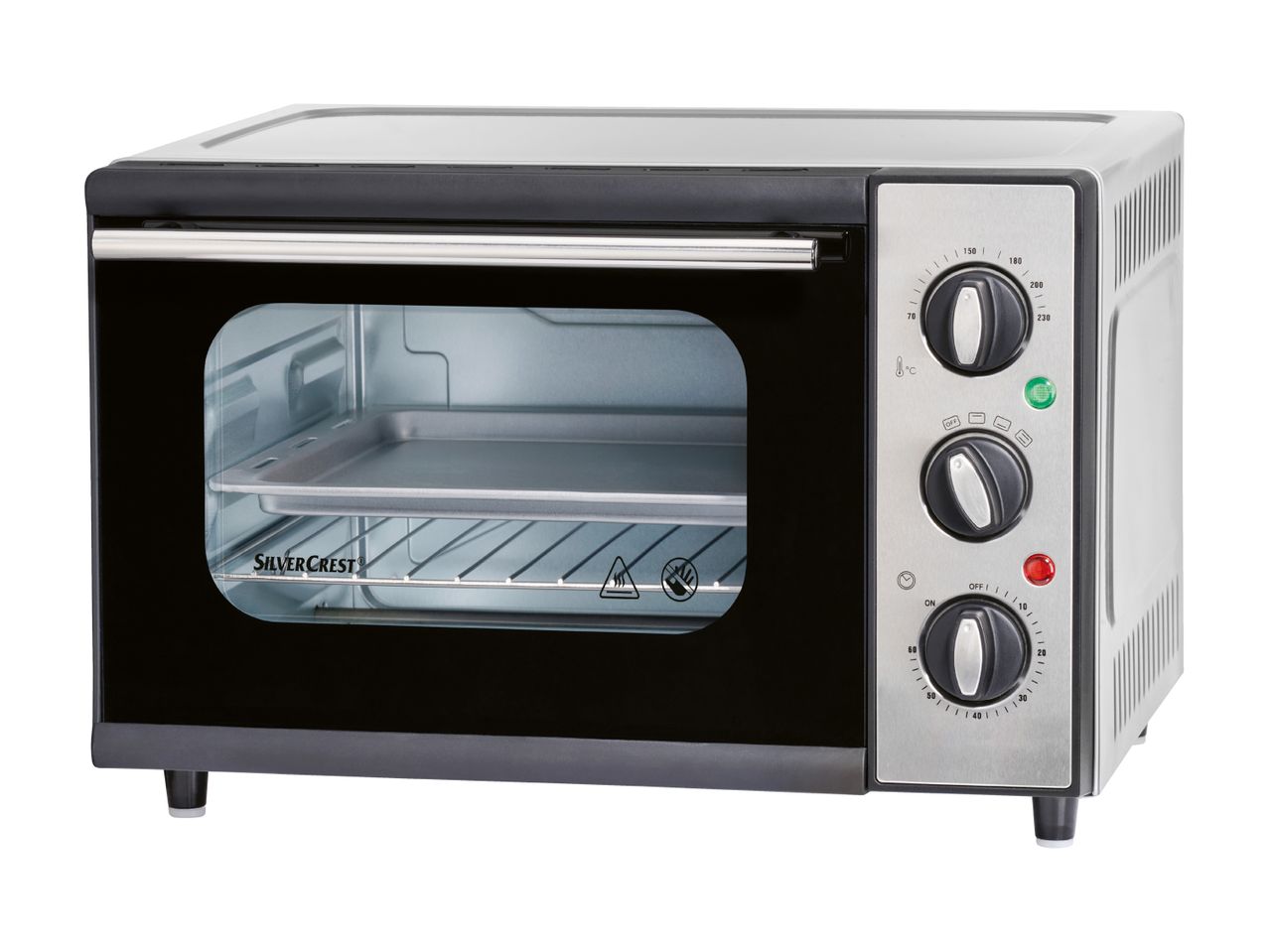 En SilverCrest mini-ovn med sort front og rustfrit stål sider.