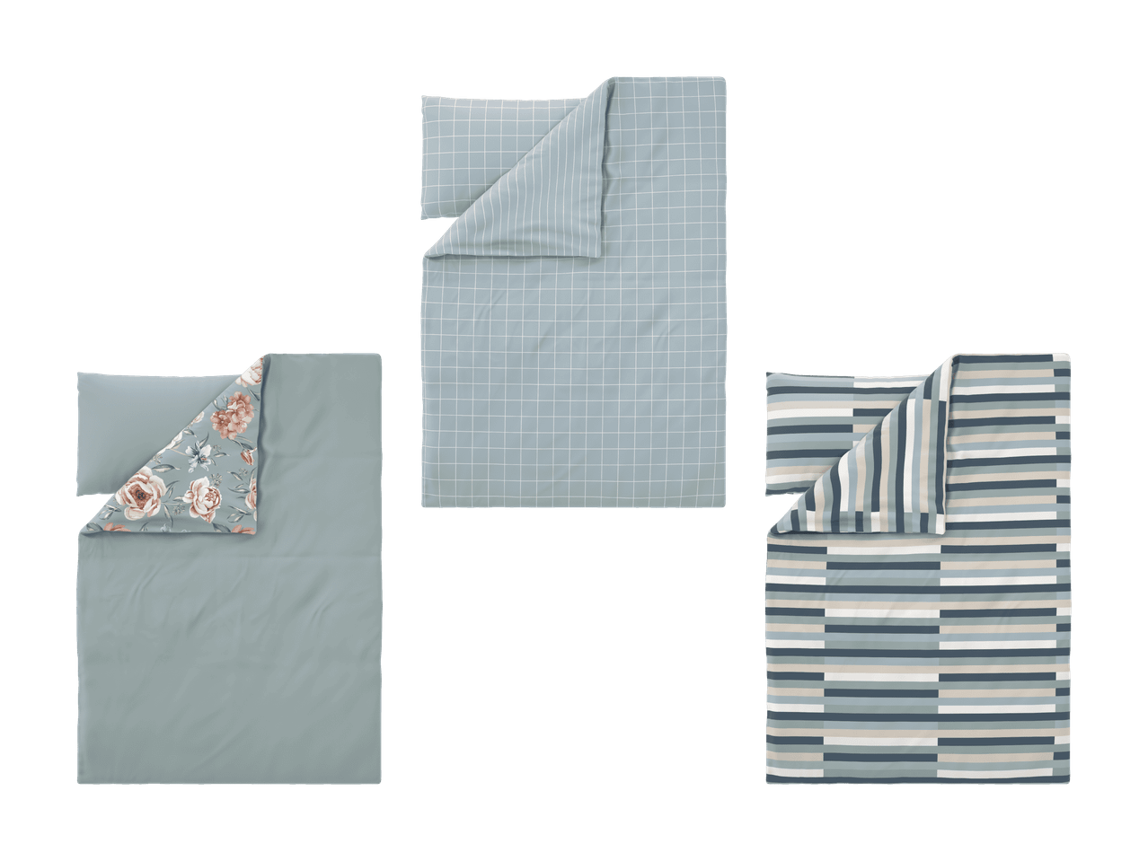 Drei Bettwäsche-Sets: floral, kariert und gestreift.