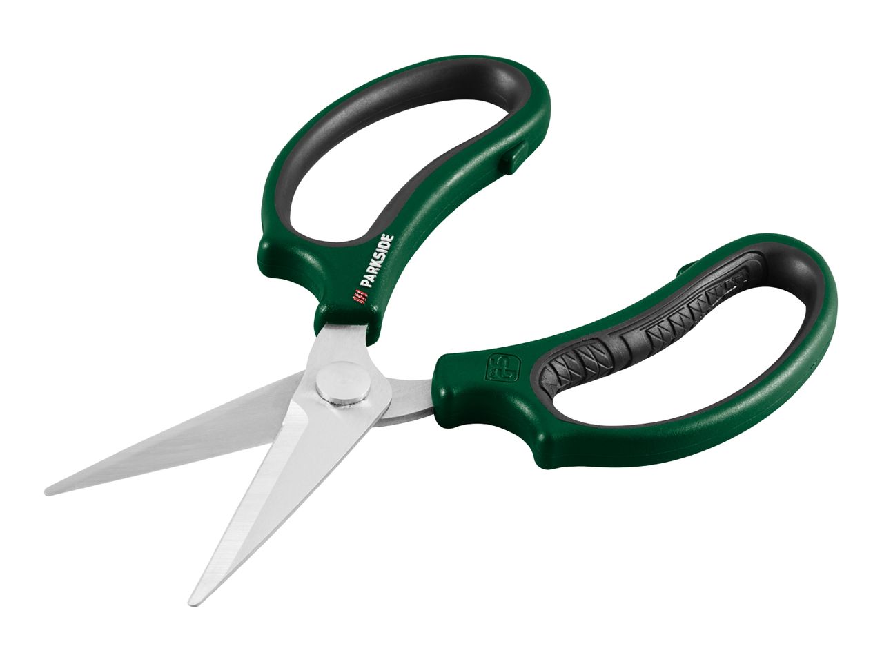 Green and black garden shears with stainless steel blades, open and ready for use.
