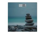 Bathroom scale with a serene beach and stacked stones design, displaying '0.0 kg'.