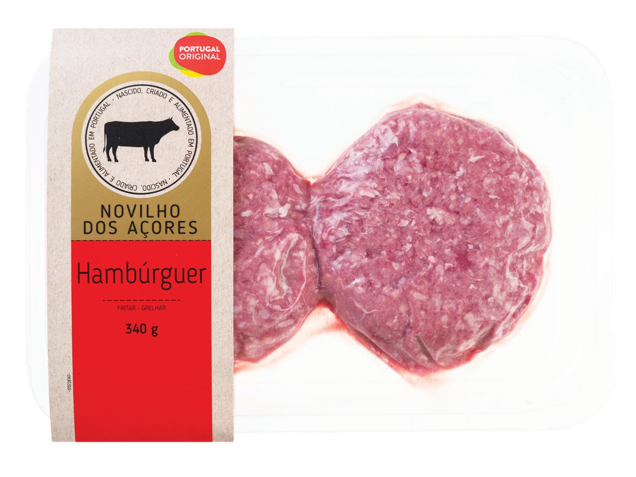 Embalagem com dois hambúrgueres de Novilho dos Açores, 340g, Portugal Original.