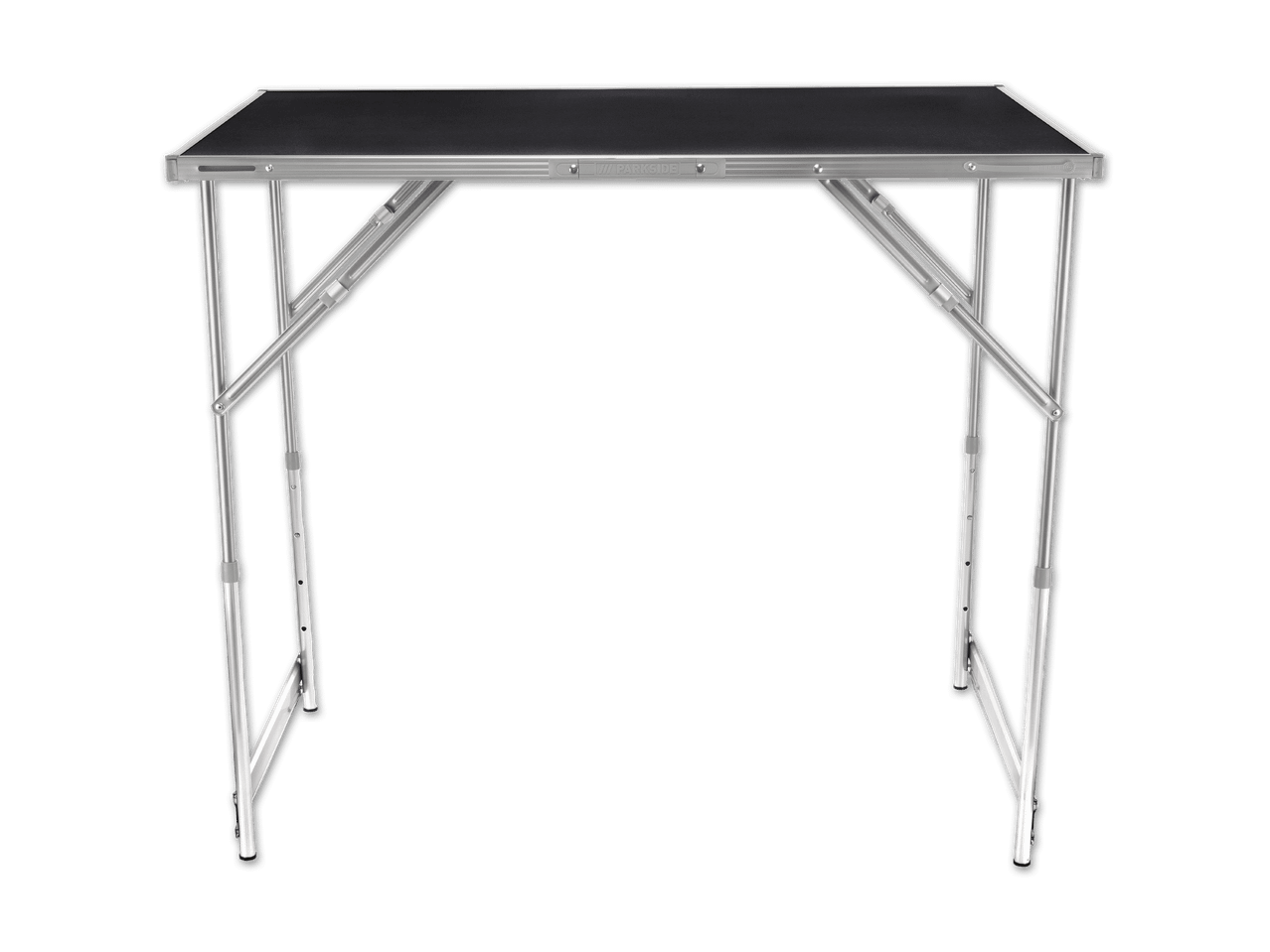 Ein zusammenklappbarer Campingtisch mit schwarzer Platte und silbernem Gestell.