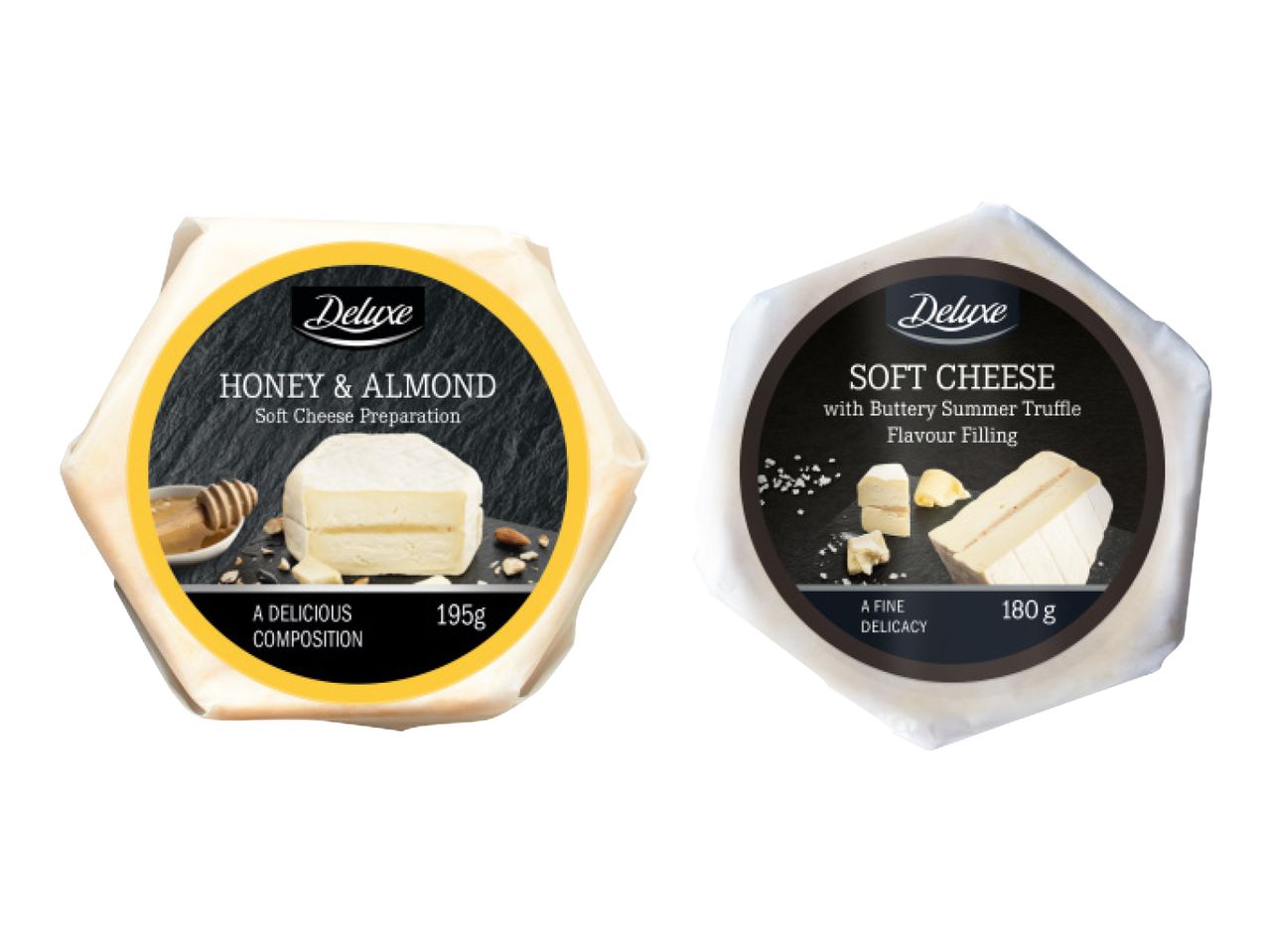 Kaks Deluxe pehmet juustu pakendit: mesi ja mandel ning trühvlitäidisega.