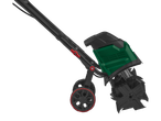 Cultivador motorizado verde com rodas e rotor.