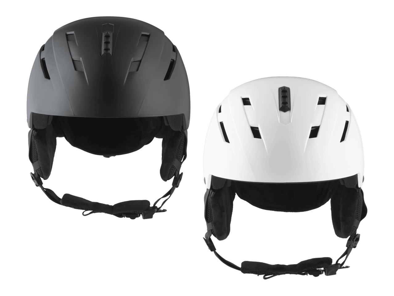 Kaksi laskettelukypärää, toinen musta ja toinen valkoinen, mustalla taustalla.