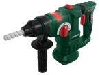 Зелен перфоратор с червени бутони и бяло свредло, с допълнителна черна дръжка.
