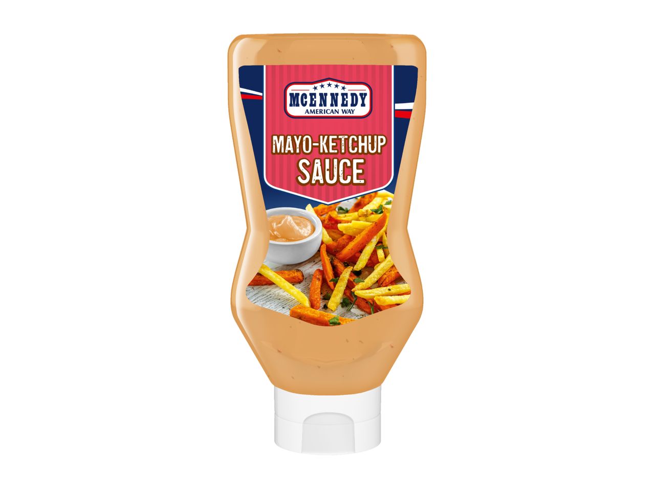 Mayo-ketchup sauce bottle with fries and a dipping bowl on the label.