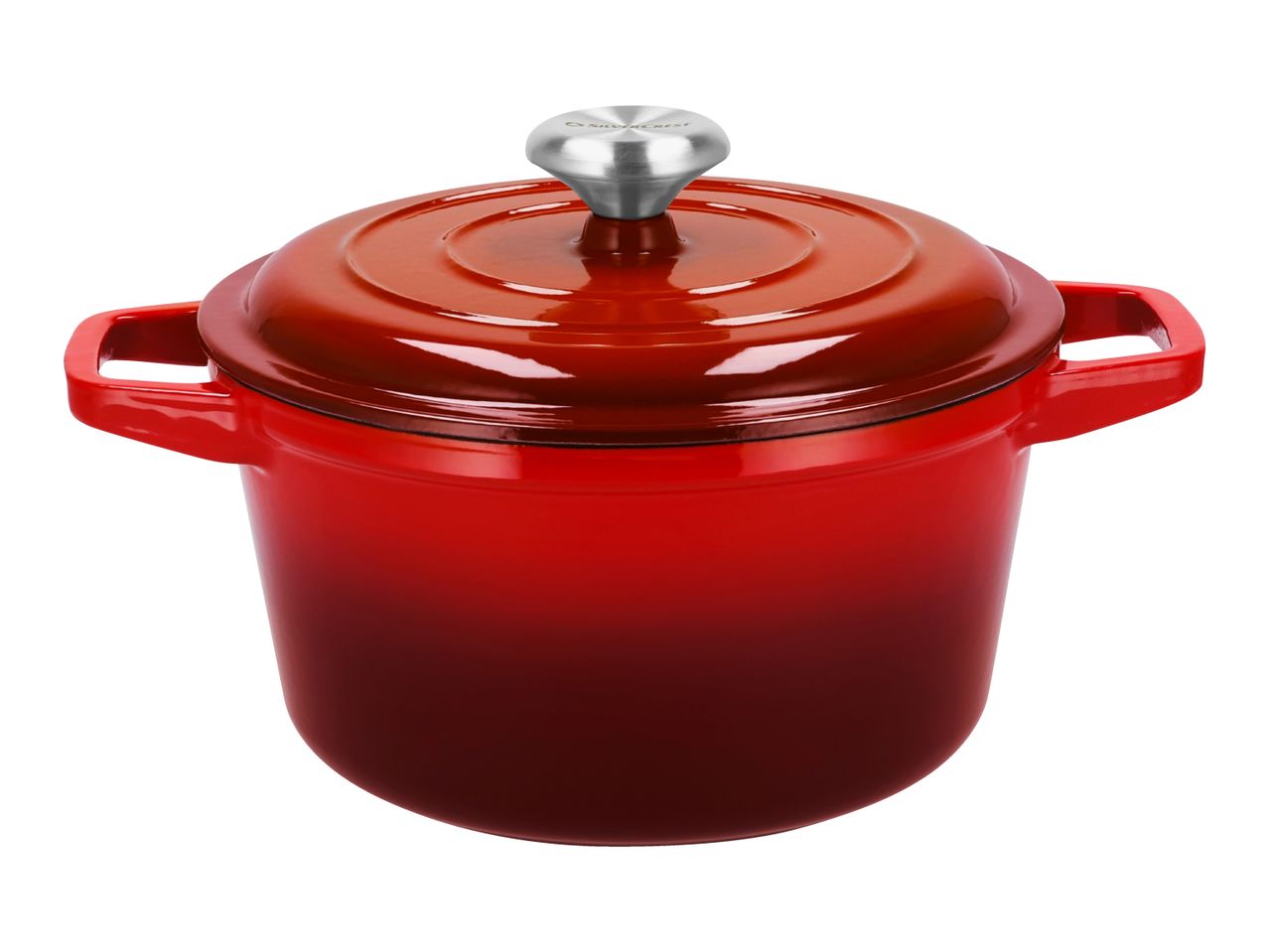 Red cast iron Dutch oven with a silver knob on the lid.
