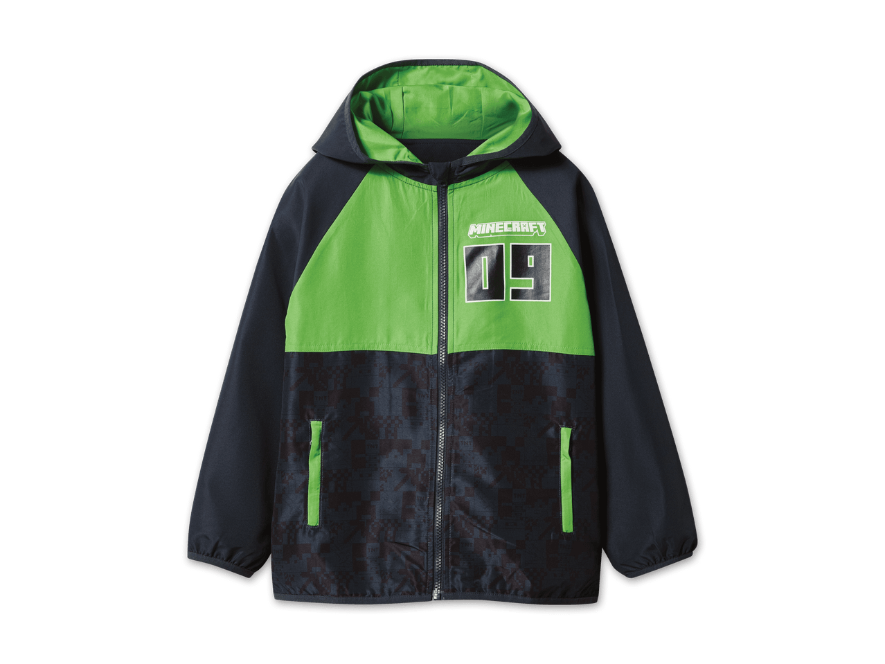 Minecraft Kapuzenjacke, grün und schwarz.