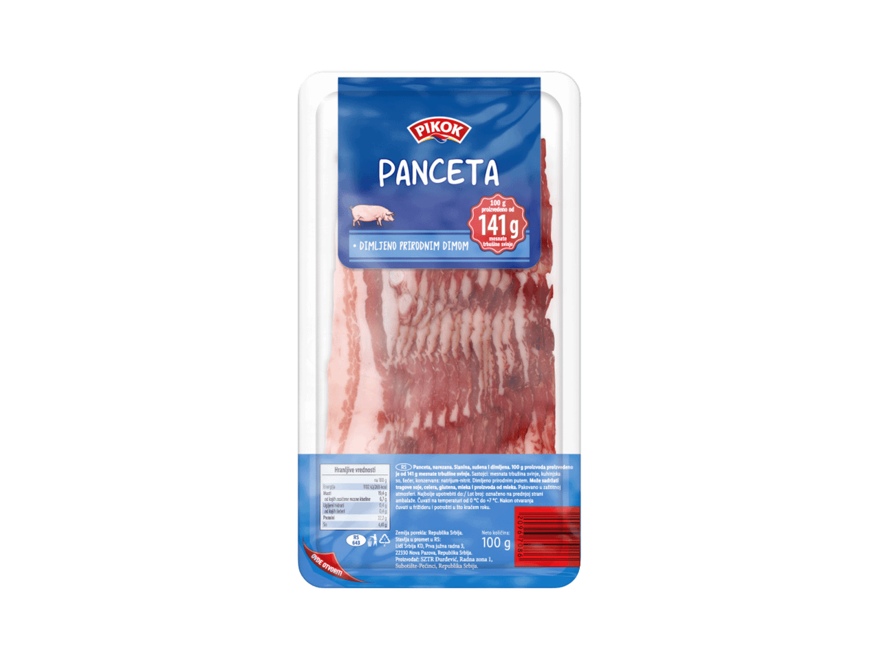 Pakovanje dimljene pancete sa informacijama o proizvodu i nutritivnim vrednostima.