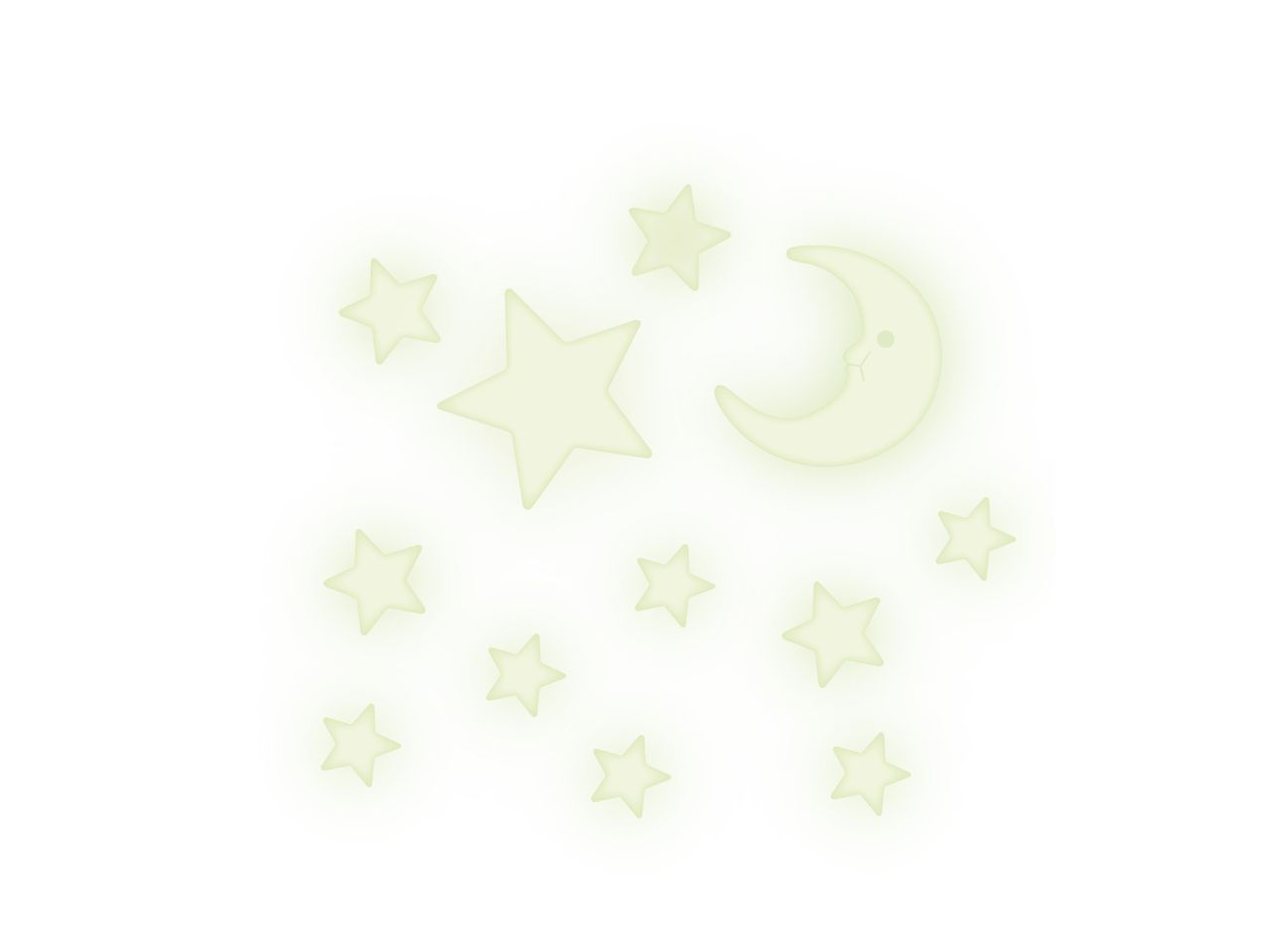 A crescent moon with a face and several glowing stars on a white background.