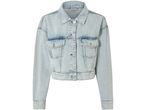 Giacca di jeans azzurra con bottoni e tasche sul petto.