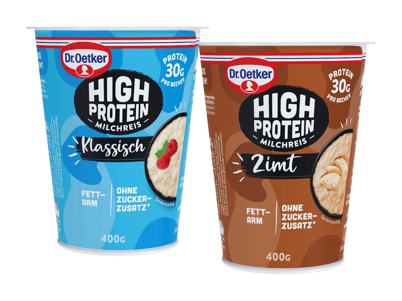 Zwei Dr. Oetker High Protein Milchreisbecher in den Geschmacksrichtungen Klassisch und Zimt.