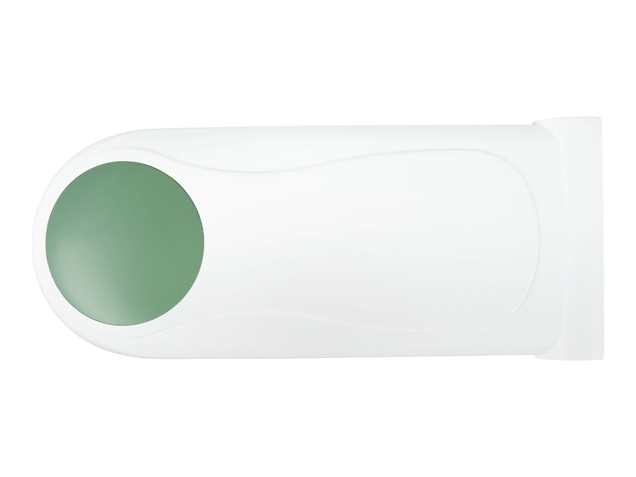 A sage green finger cot with a white plastic casing.