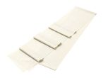 A beige resistance band with exercise diagrams and product information.