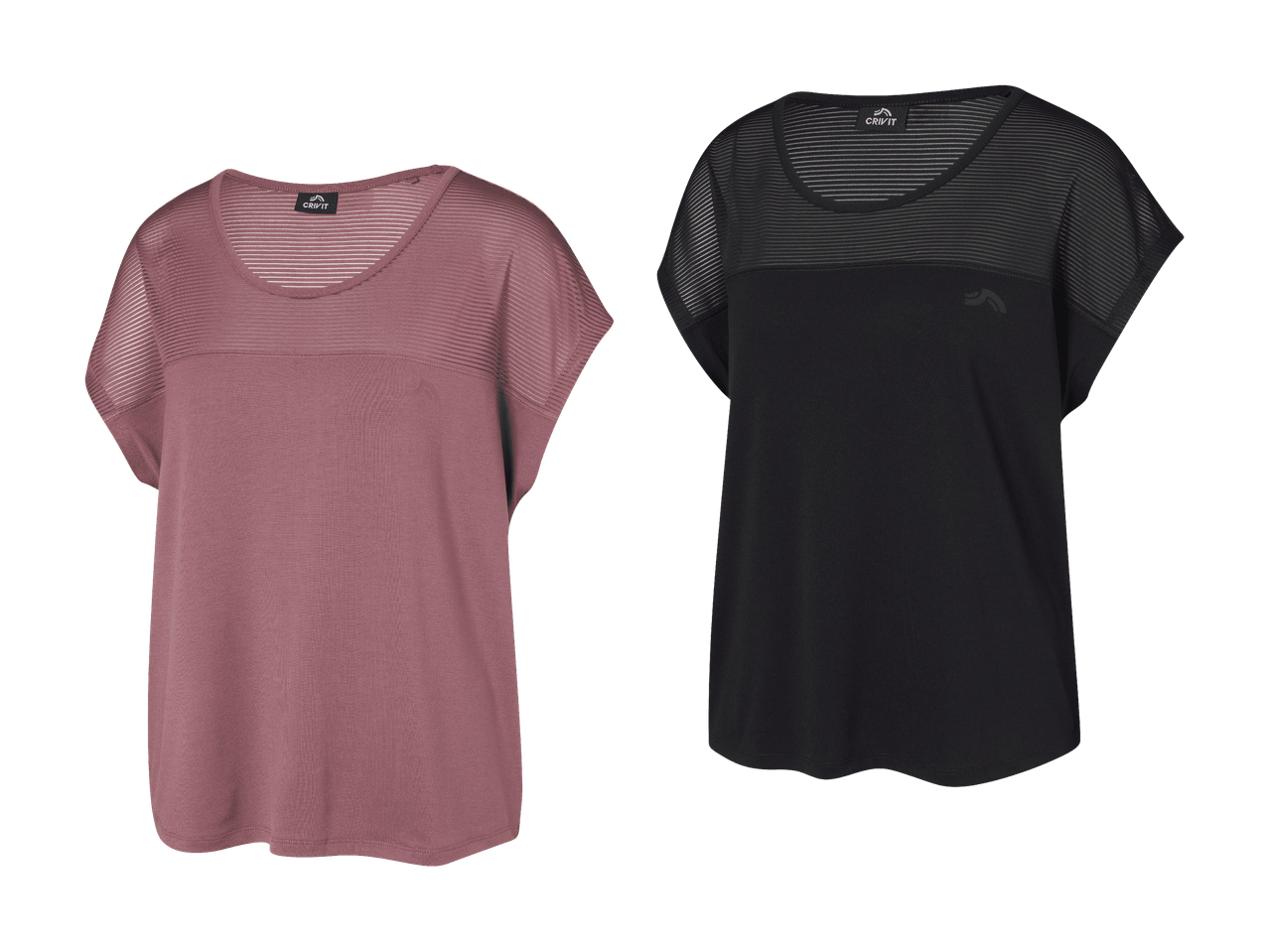 Due magliette sportive da donna, una rosa e una nera, con inserti in mesh trasparente.