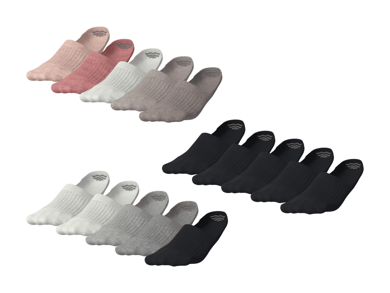 Plusieurs paires de chaussettes invisibles de différentes couleurs, dont le rose, le blanc, le gris et le noir.