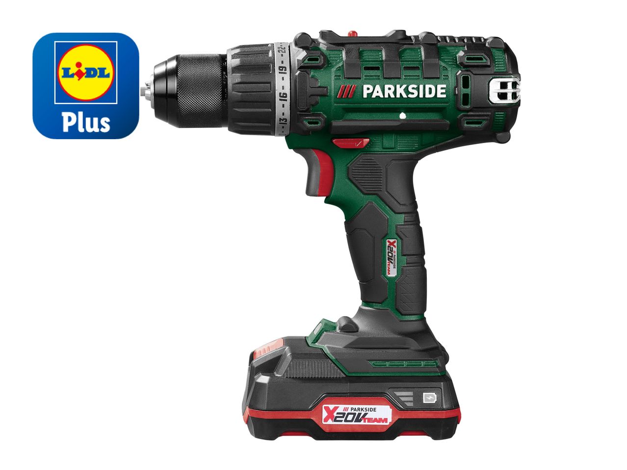 Parkside cordless drill from Lidl, shown with battery.