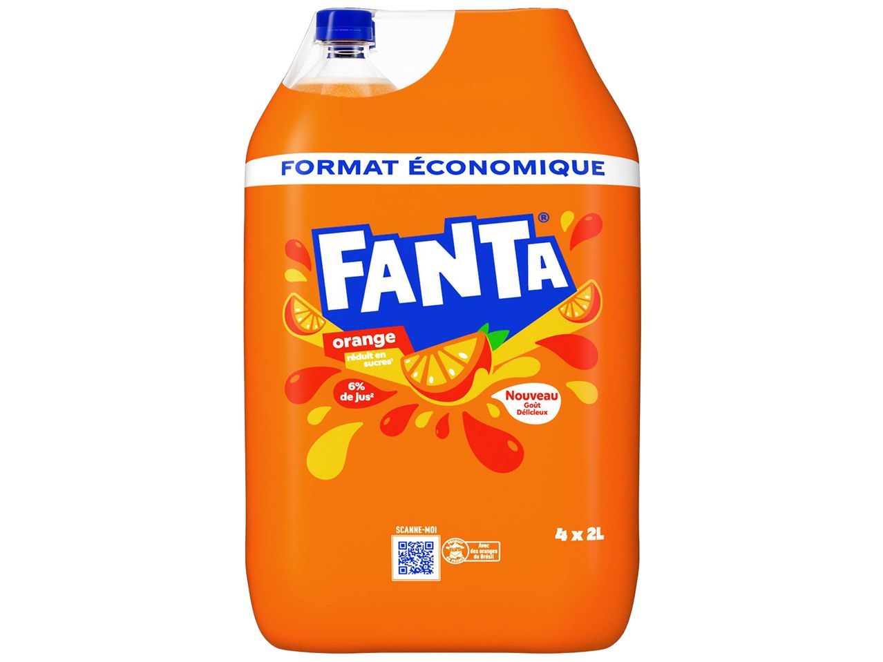 Pack économique de quatre bouteilles de Fanta Orange de 2 litres.