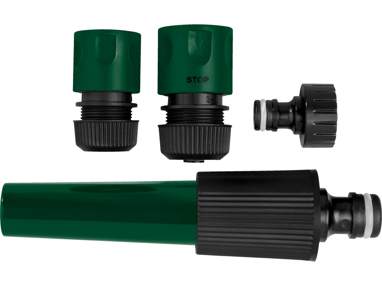 Watering accessories: connectors, hose, and stopcock.