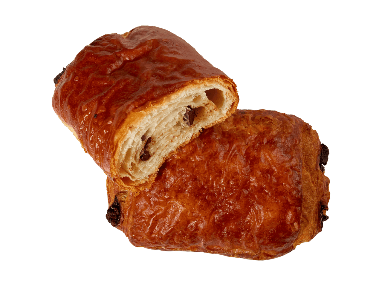 Zwei Pain au Chocolat, eines halbiert, um das Innere zu zeigen.