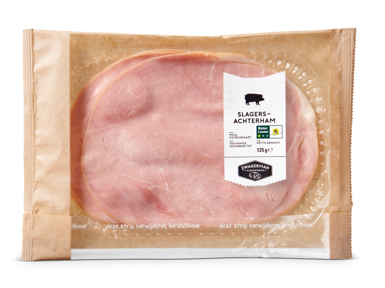 Zwagernan Slagers-Achterham: 125g plakken ham in papieren verpakking.