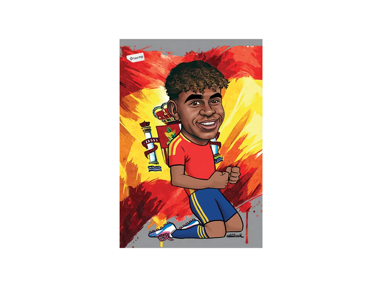 Karikatura fudbalera u crvenom dresu i plavom šortsu, kleči ispred španske zastave.