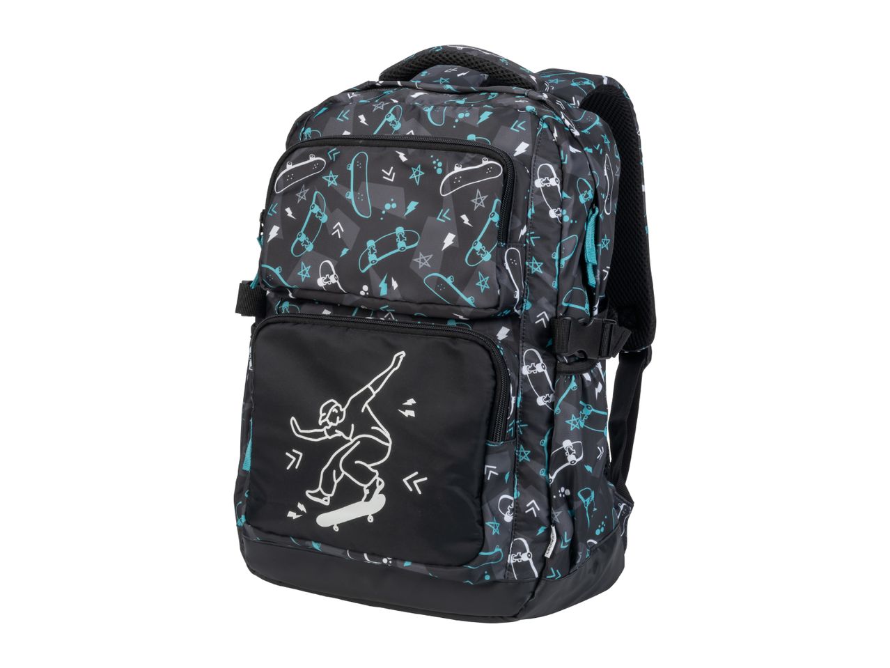 Black backpack with a skateboarder graphic and skateboard pattern.