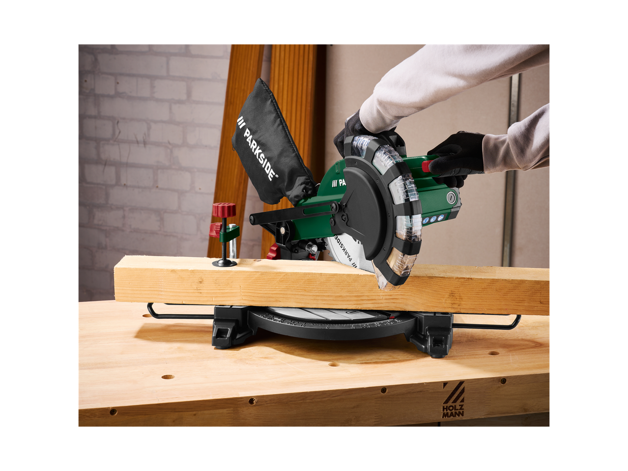 Parkside miter saw on a Holzmann workbench.