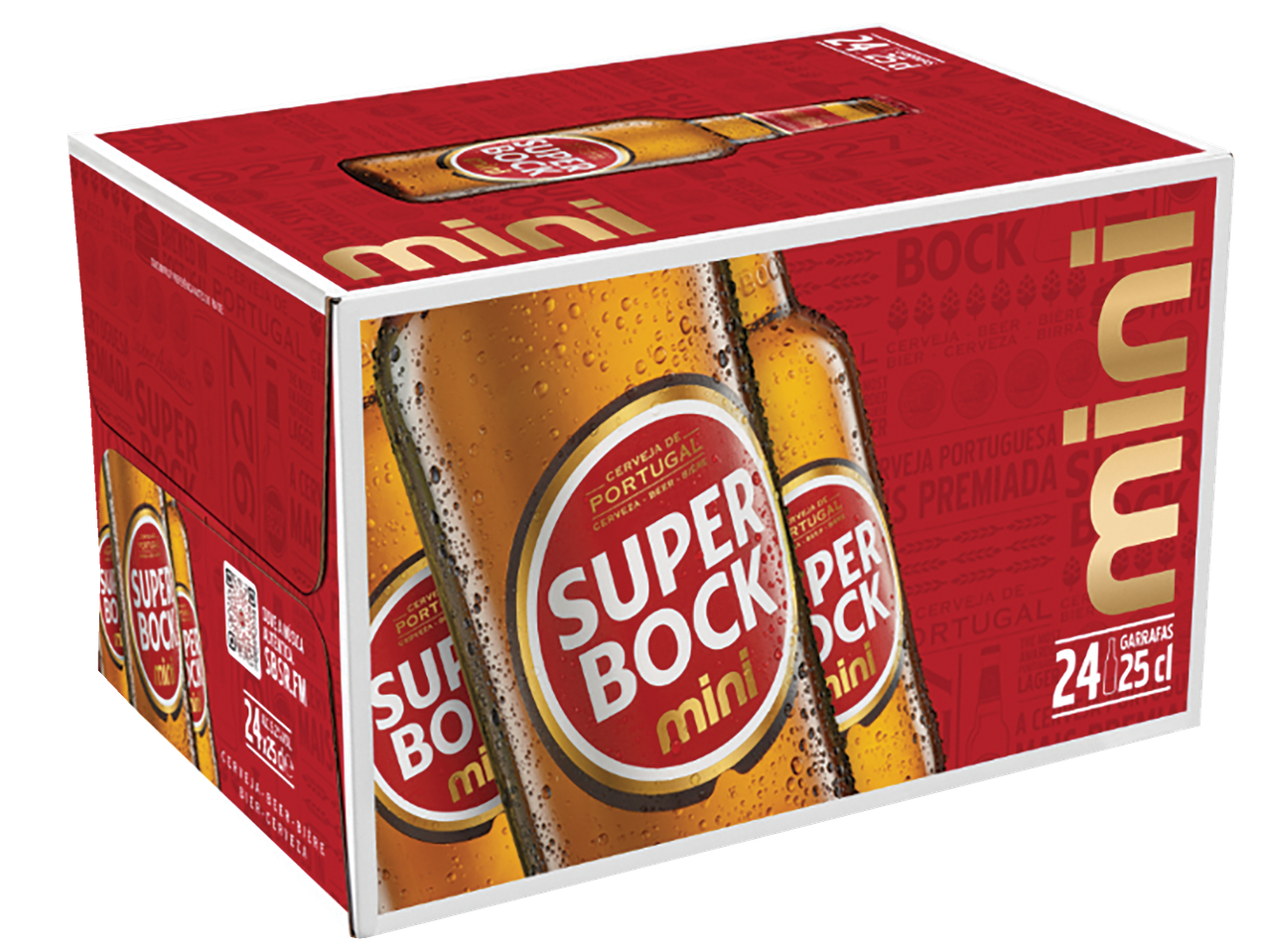 Pack de cerveja Super Bock Mini com 24 garrafas de 25cl, com design vermelho e dourado.