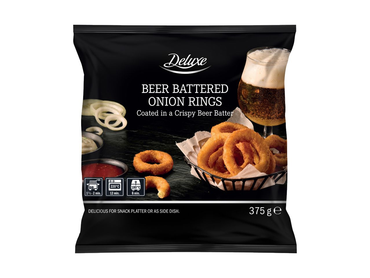 Packaging for beer battered onion rings, with cooking instructions and a serving suggestion.