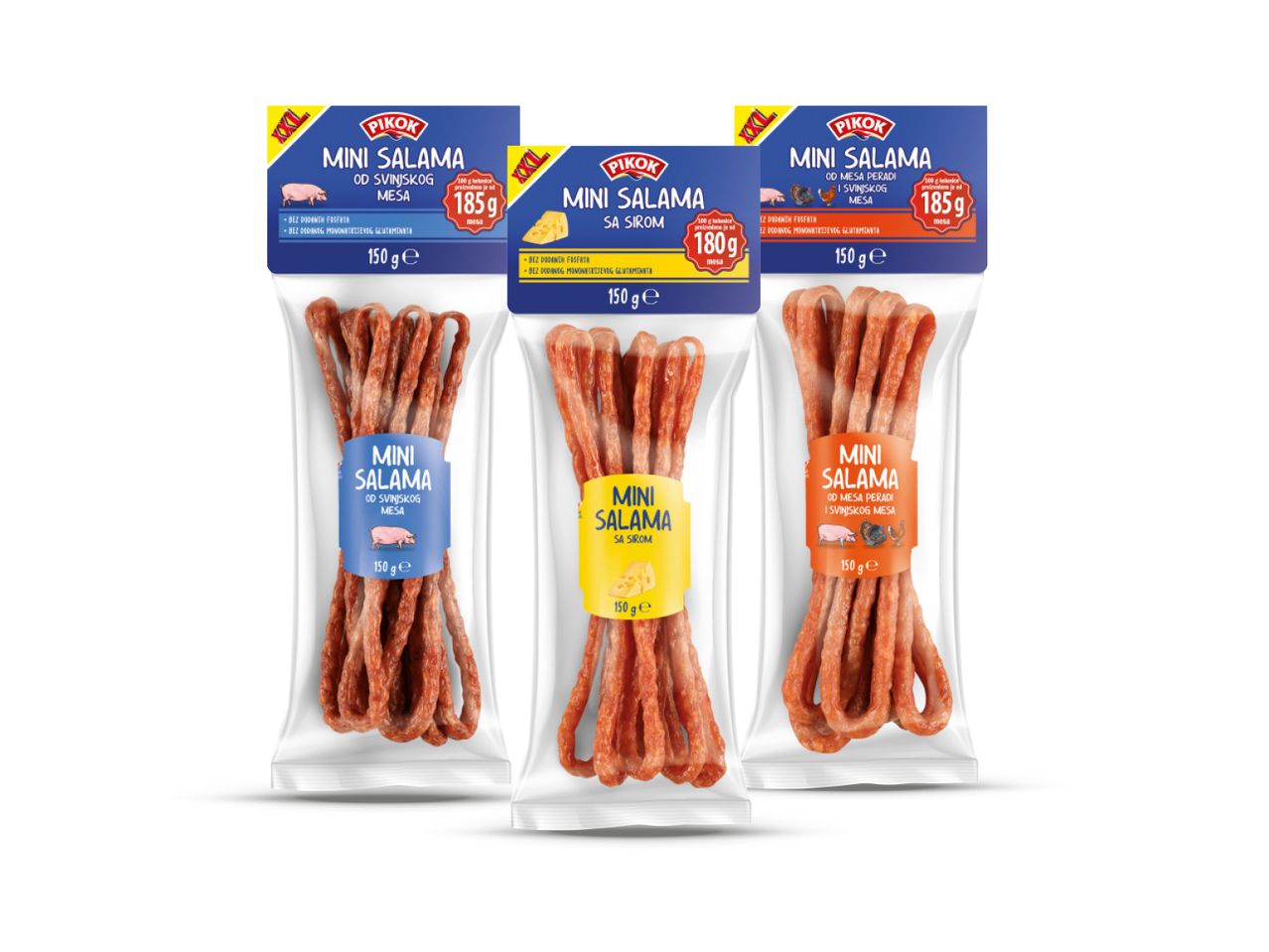 Tri vrste mini salama PIKOK: od svinjskog mesa, sa sirom i od mesa peradi i svinjskog mesa.