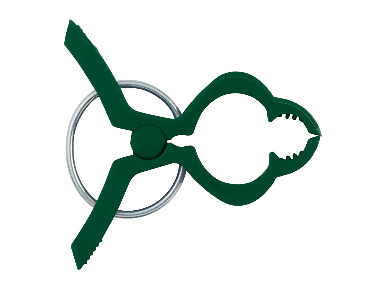 Green plastic plant clip with a metal ring, used for supporting plants.