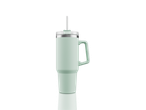 Mint green travel mug with straw and handle.