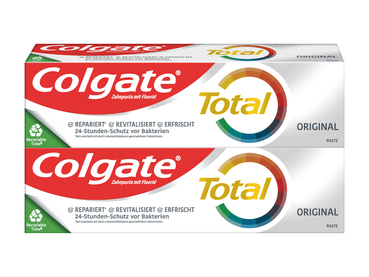 Zwei Packungen Colgate Total Original Zahnpasta mit recycelbaren Tuben.