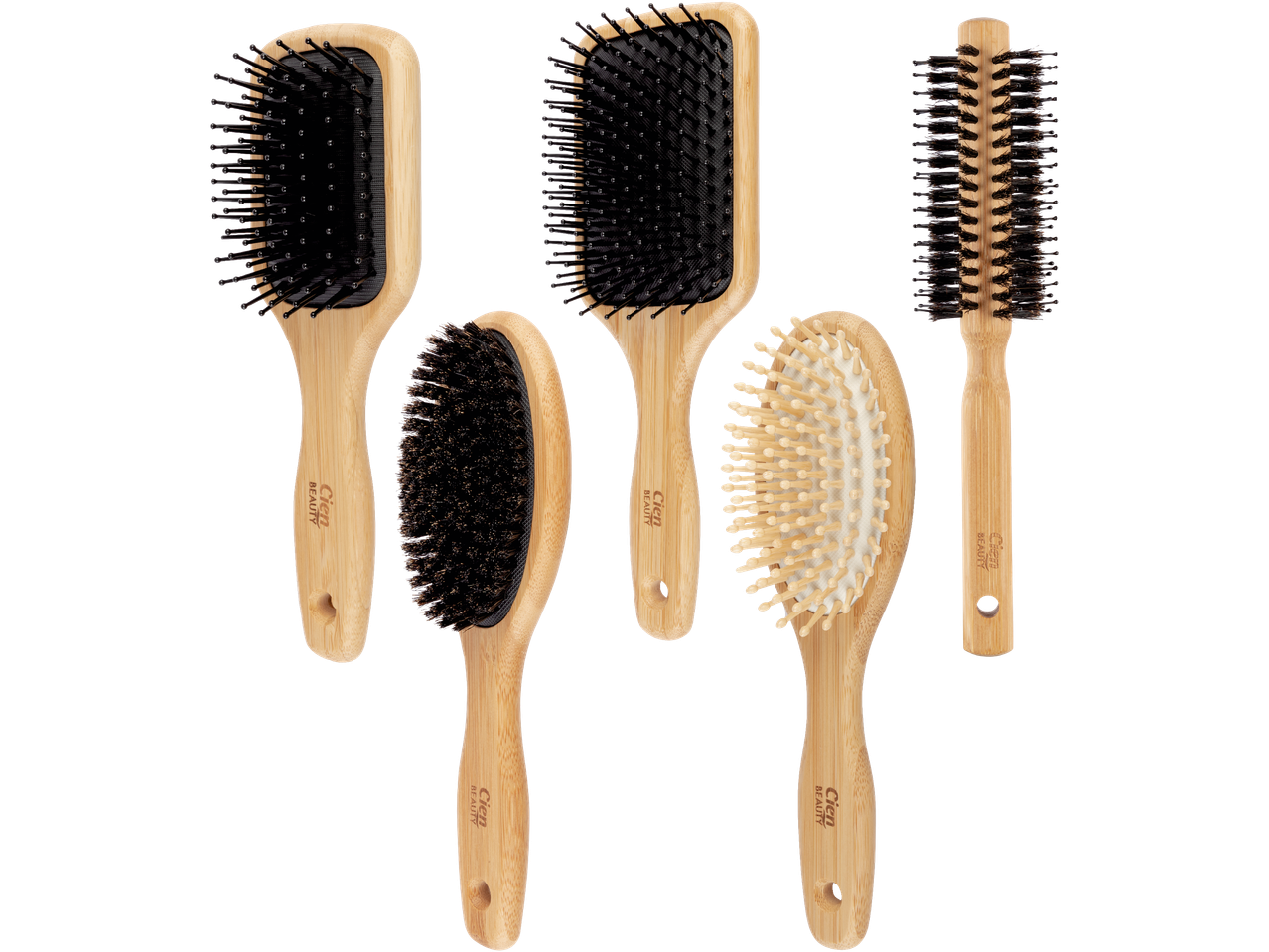 Fem Cien Beauty hårborstar i trä med olika borsttyper.