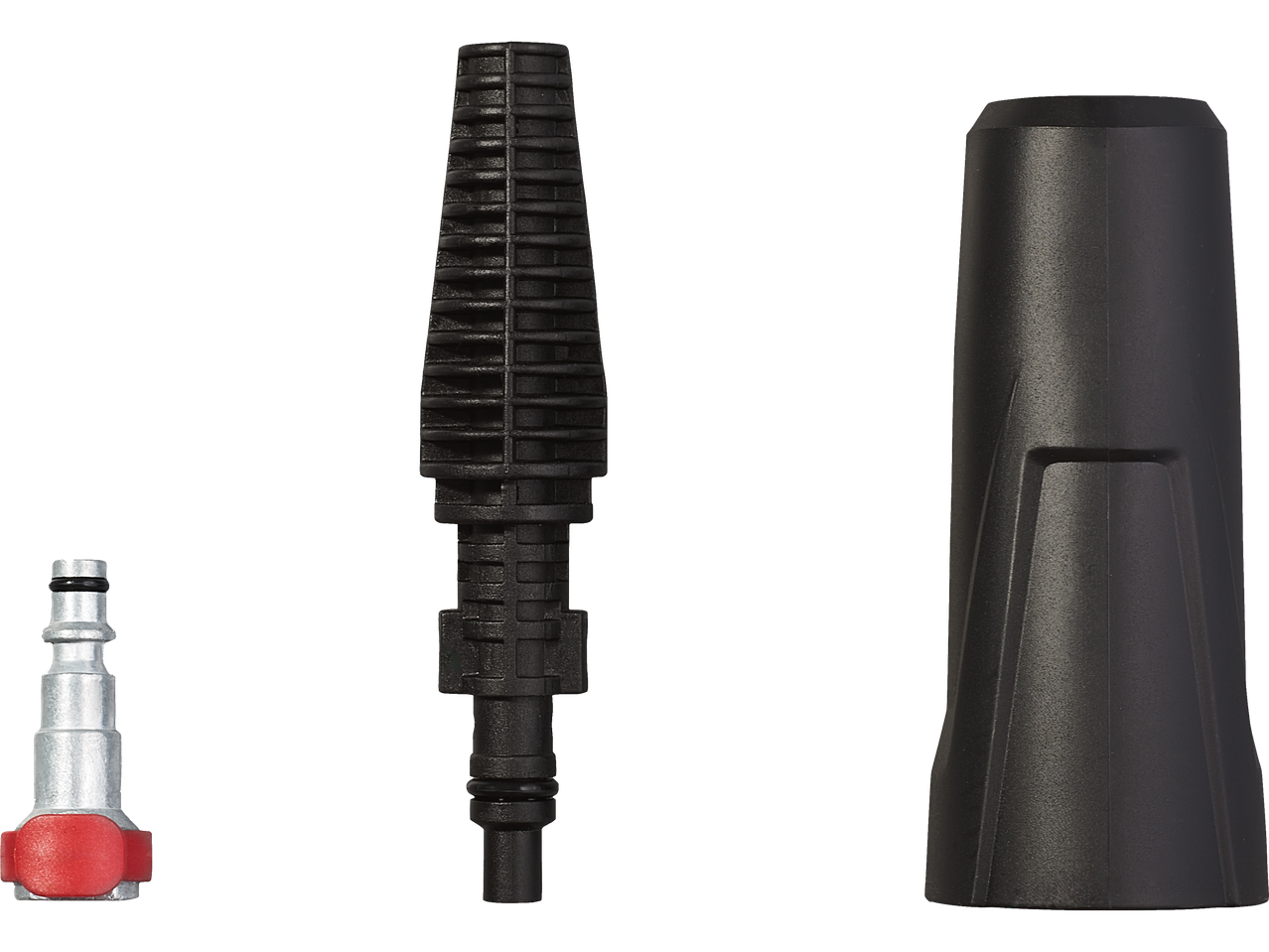Acessórios Parkside® para lança telescópica de lavadora de alta pressão: conector, bico e tampa.