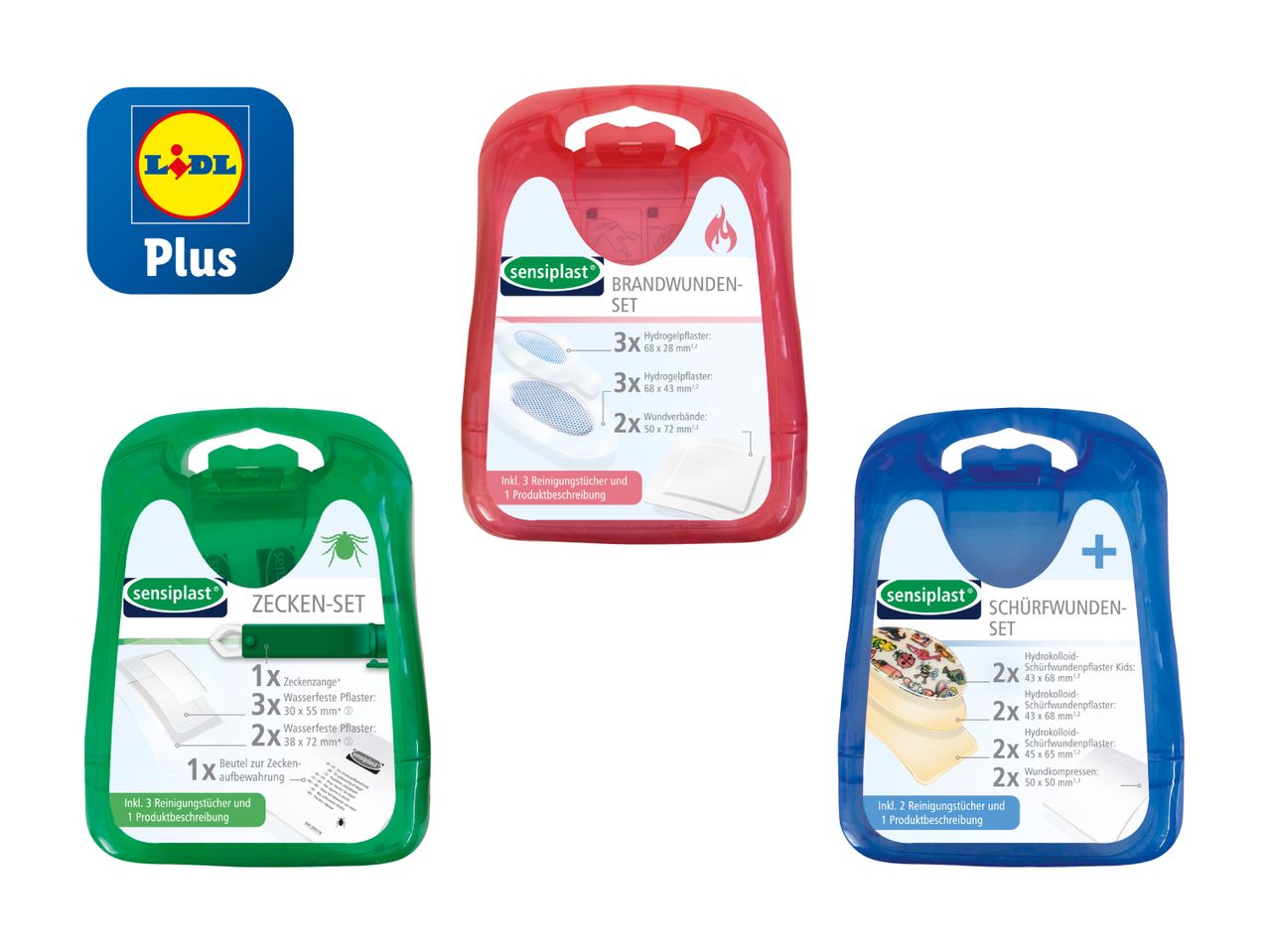 Trois trousses de premiers soins sensiplast : brûlures, tiques et éraflures.