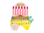 Wooden toy candy shop cart with pink and white striped awning and colorful bunting.