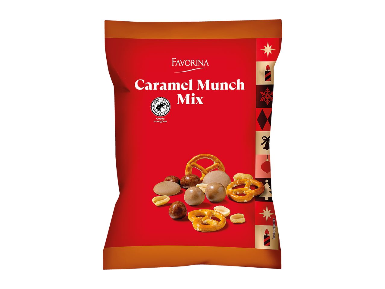 A bag of Caramel Munch Mix with pretzels, peanuts, and chocolate-covered treats.