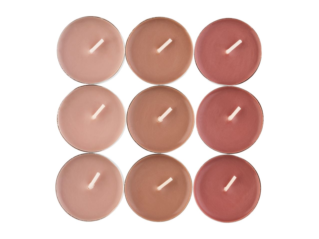 Nine tea light candles in three shades of brown and red, arranged in a grid.