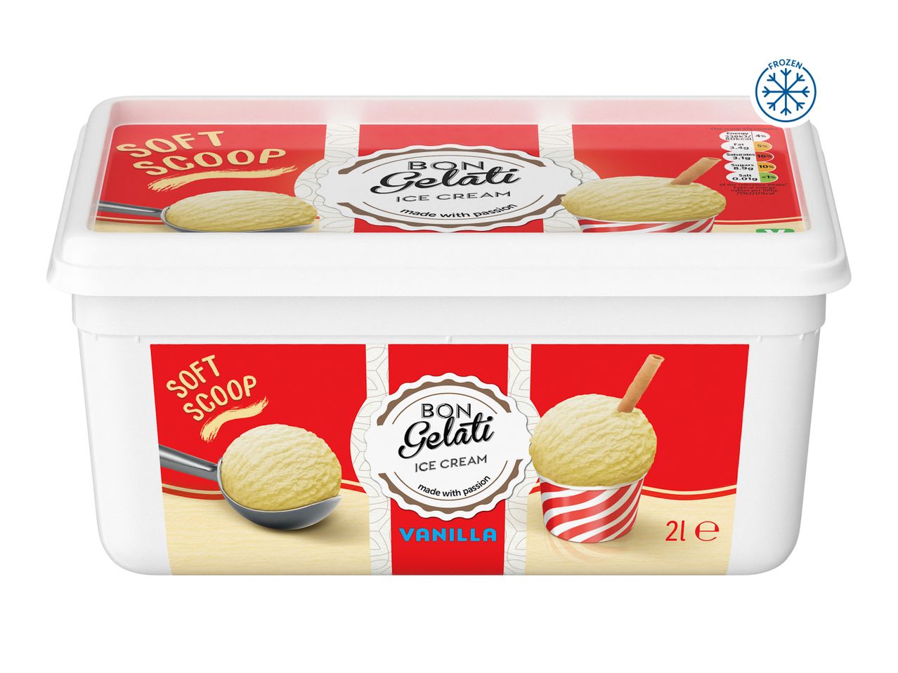 A large tub of vanilla ice cream with a soft scoop design and nutritional information.