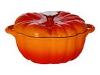 Orange and red pumpkin-shaped cast iron Dutch oven with a silver knob.