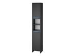 A tall, dark gray bathroom cabinet with two doors, two shelves, and blue LED lighting.