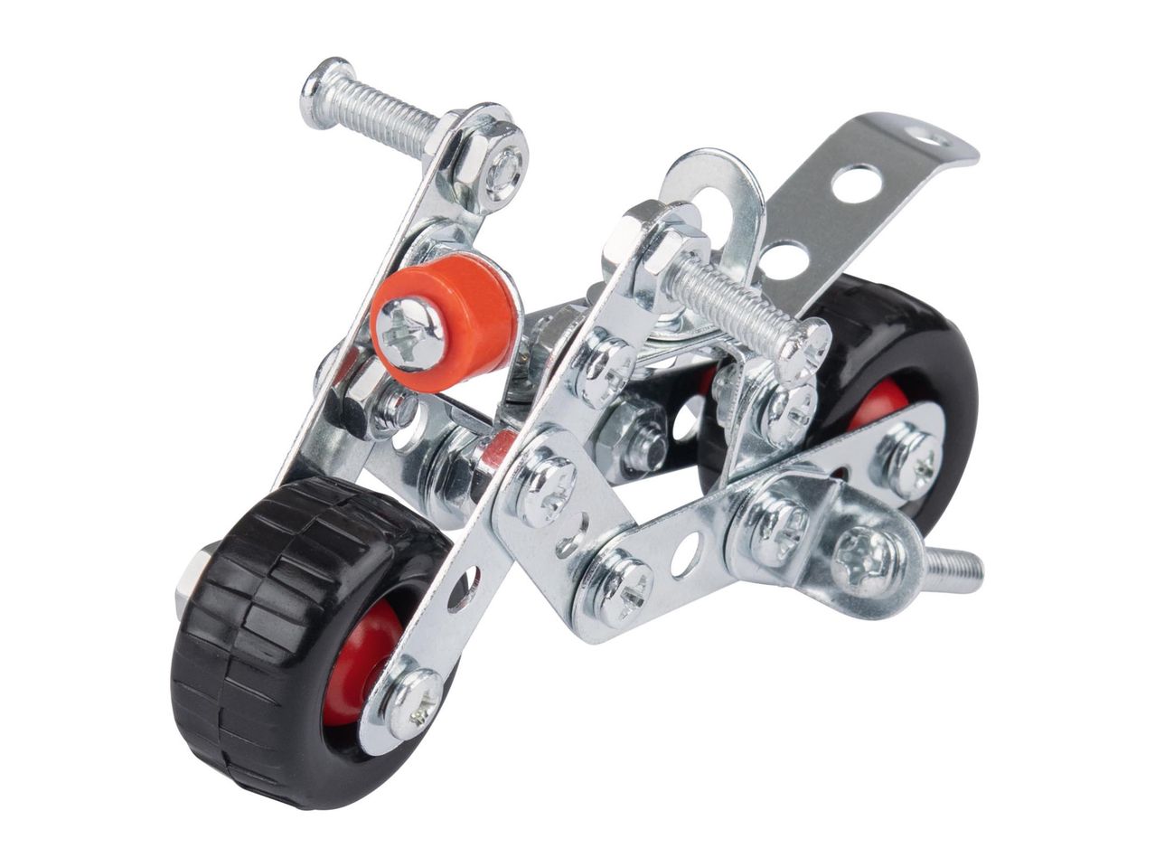 Egy fém építőjáték motorbicikli modell, fekete kerekekkel és narancssárga részletekkel.