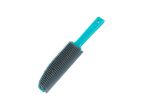 A teal-handled pet grooming brush with gray bristles.