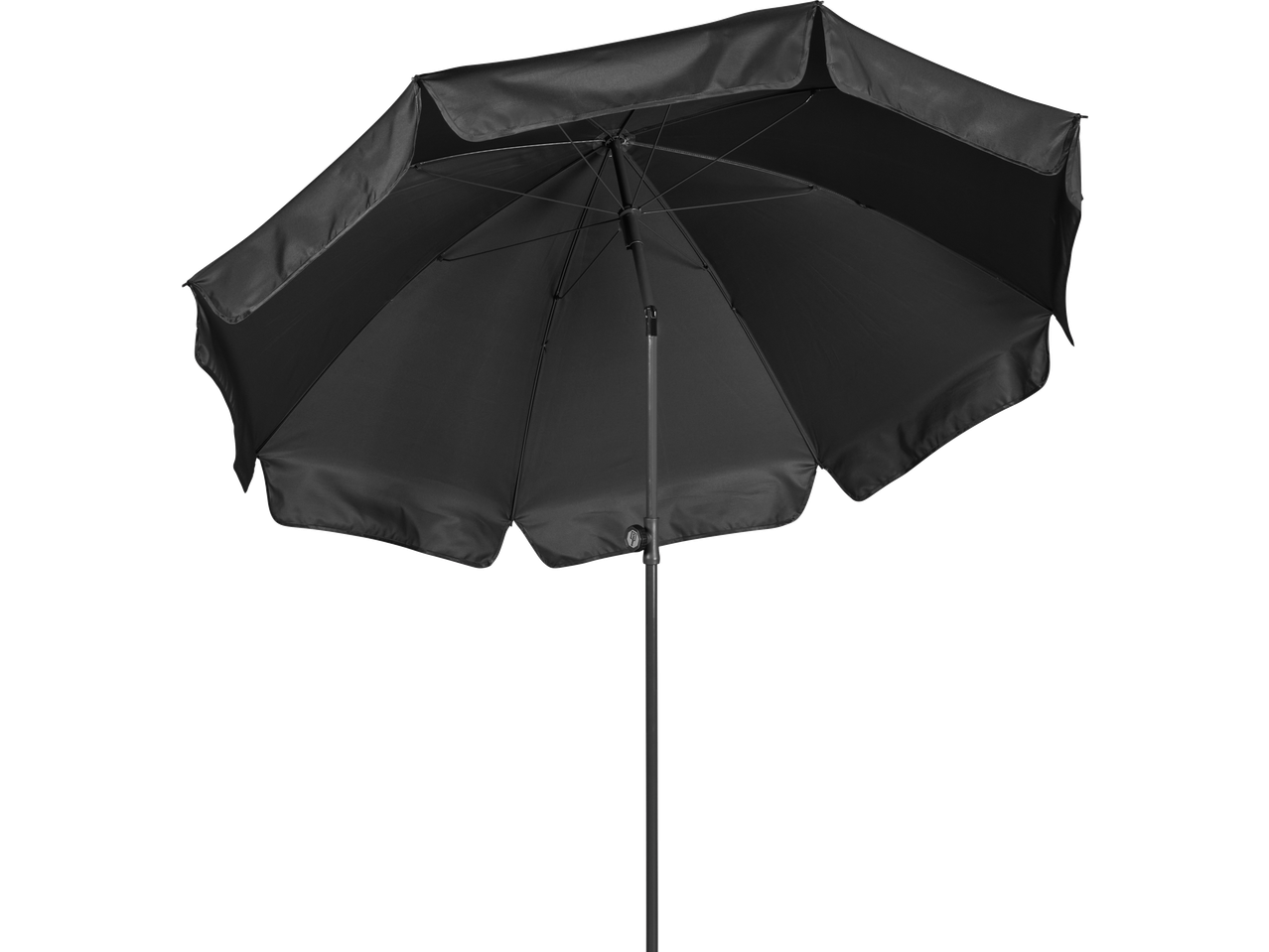 Guarda-sol LIVARNO preto aberto, visto por baixo.
