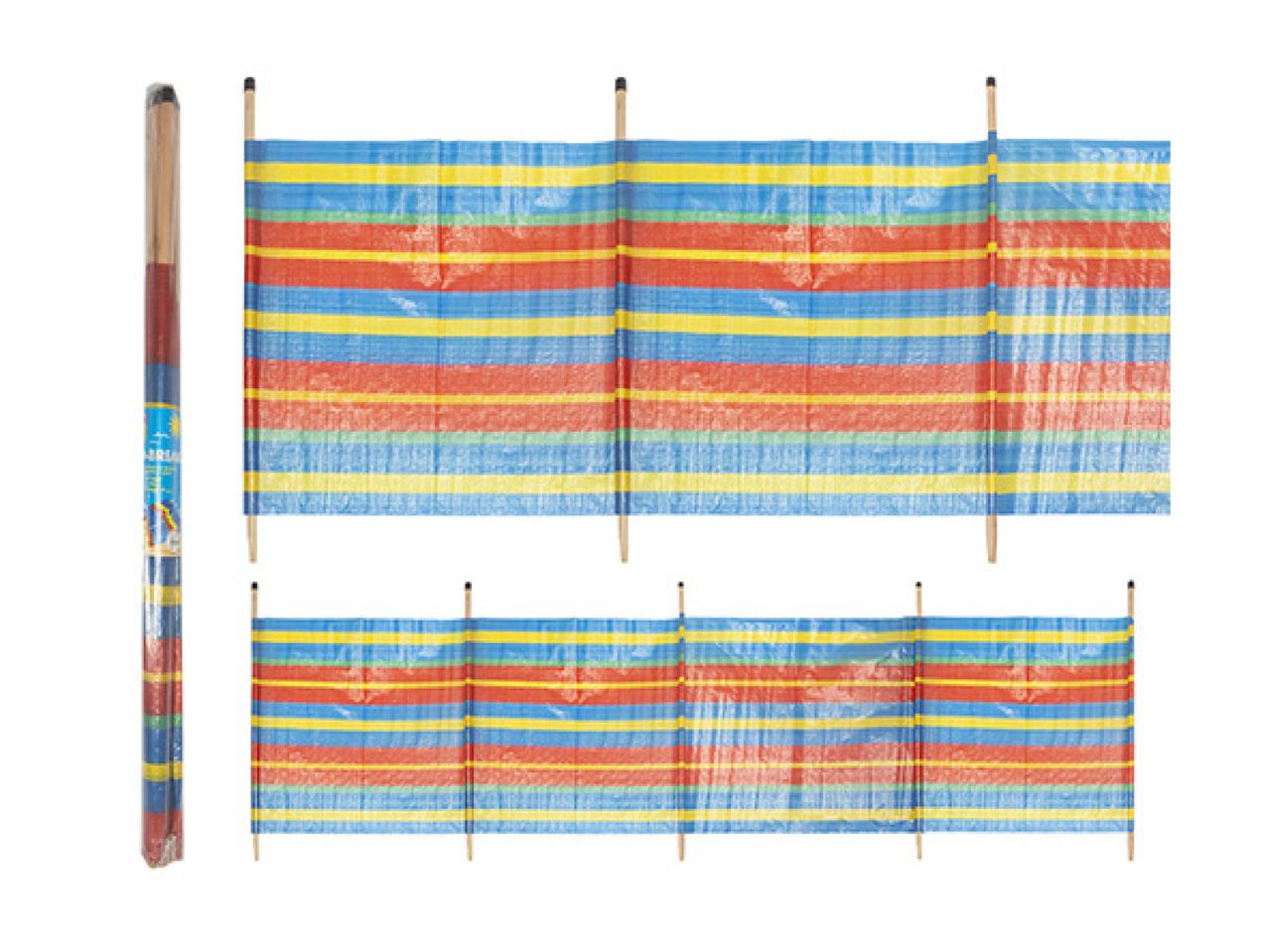 Rolled-up and unfurled striped beach windbreak with wooden poles.